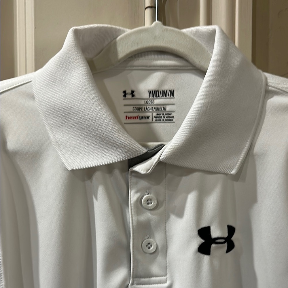 Boys Under Armour White Collared Golf Polo Shirt, Youth Medium